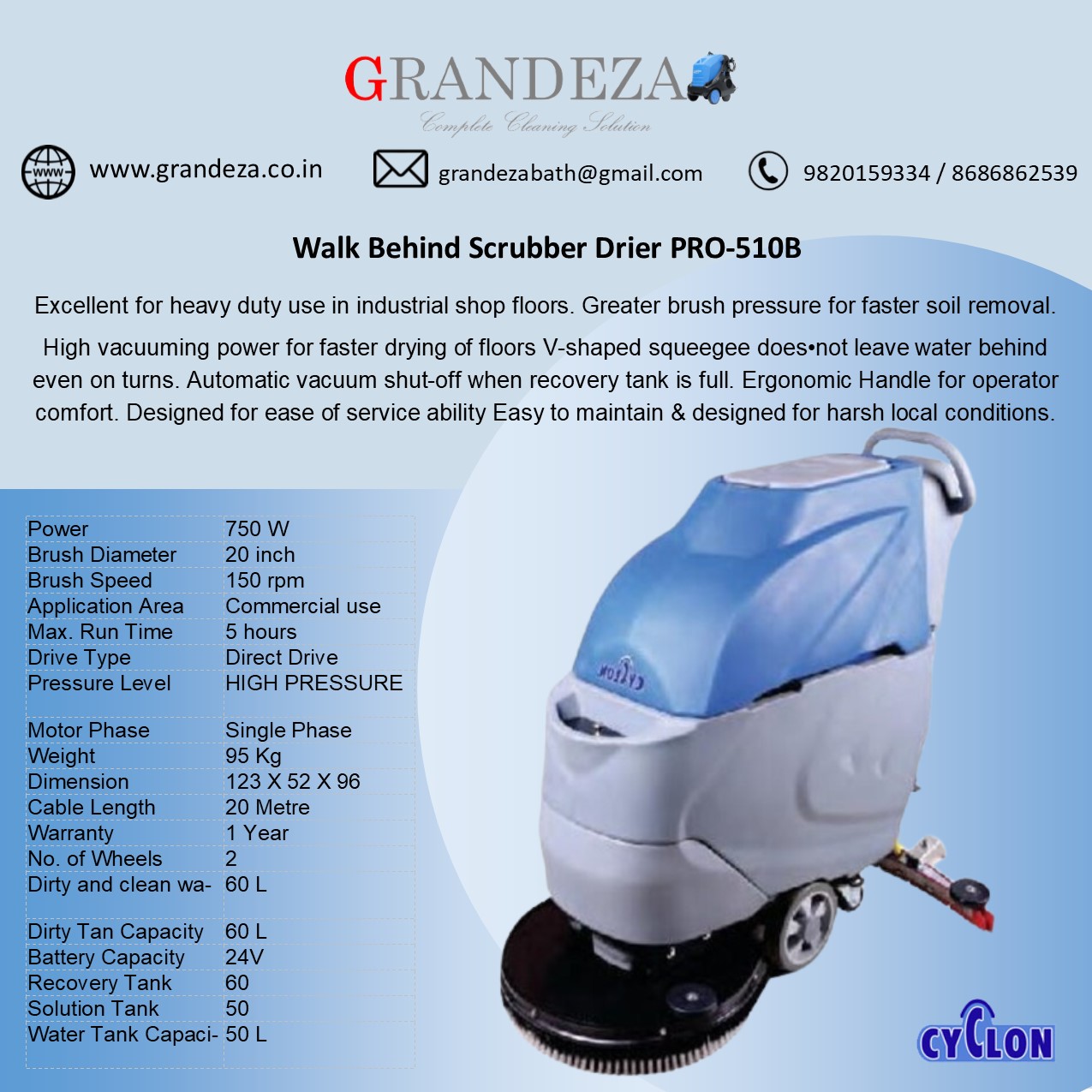 PRO-510B (Battery) Walk Behind Floor Scrubber Drier - Image 2
