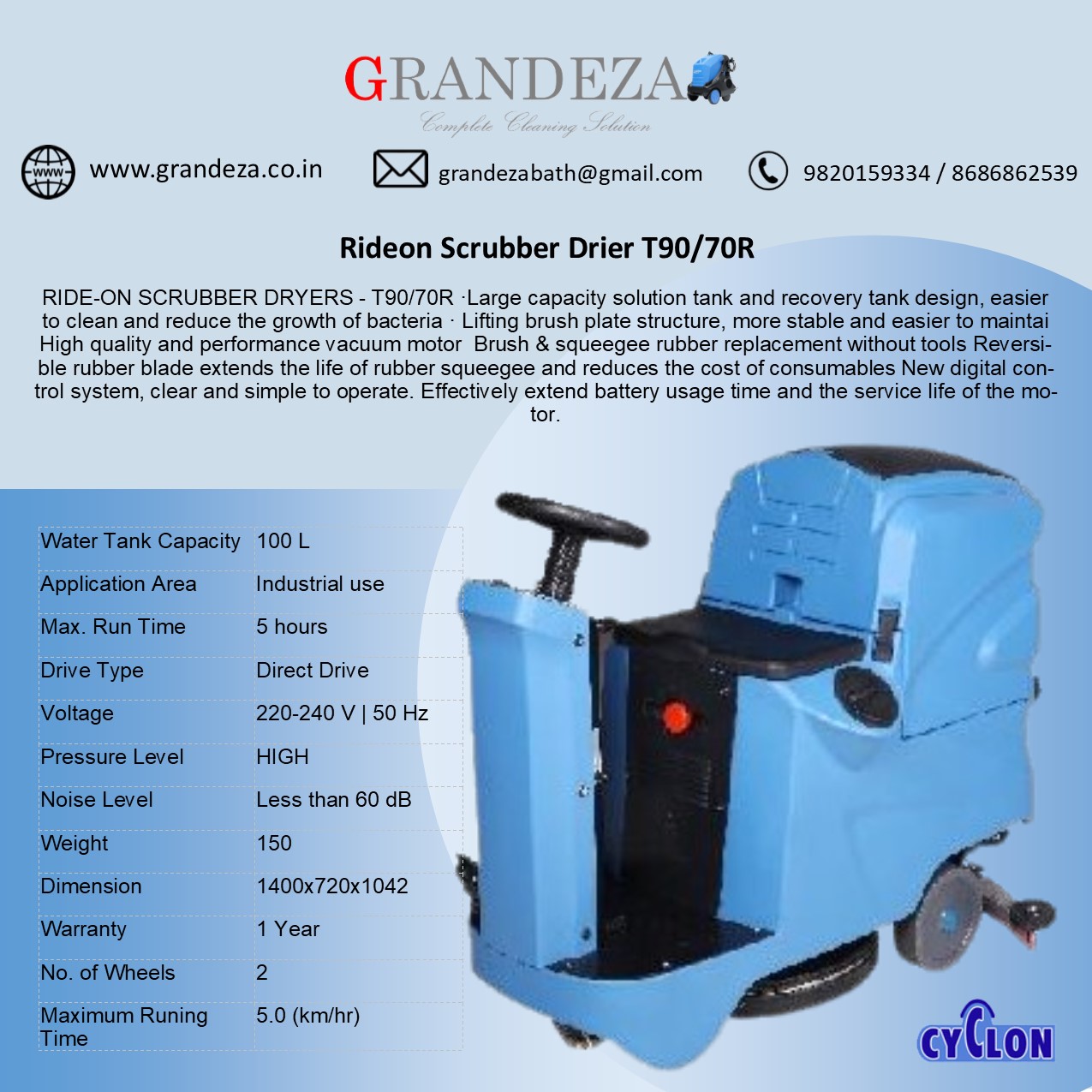 T90/70R Ride on Floor Scrubber Drier - Image 2
