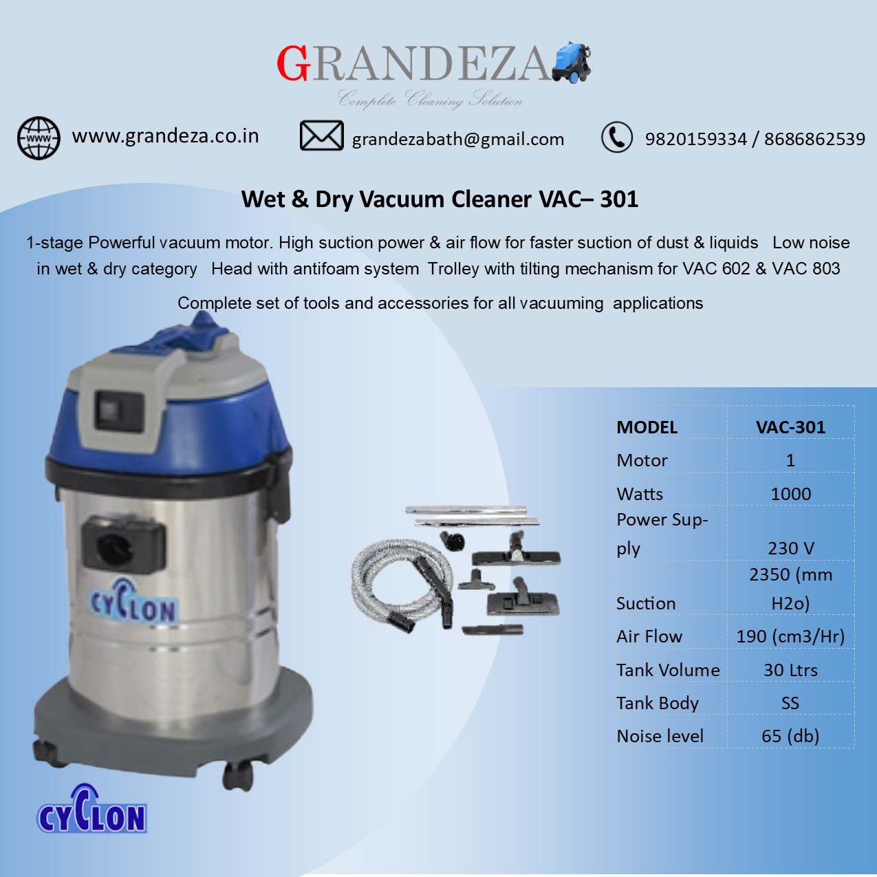VAC-301 Wet & Dry Vacuum Cleaner 30 Ltrs - Image 2