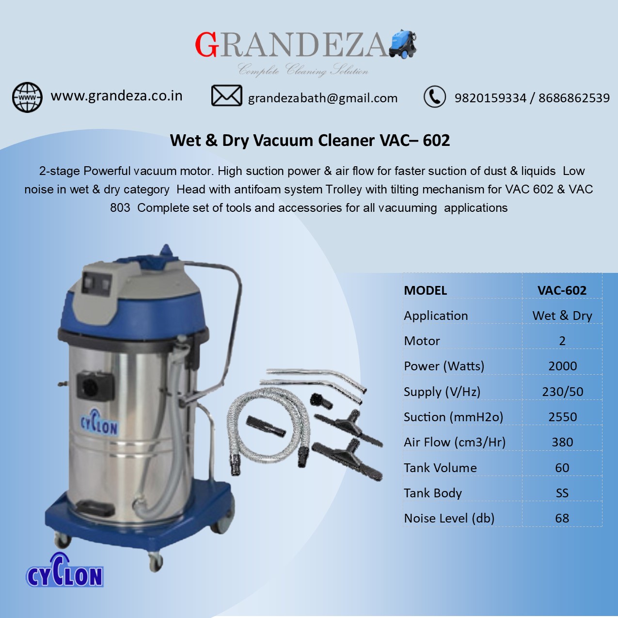 VAC-602 Wet & Dry Vacuum Cleaner 60 Ltrs - Image 2