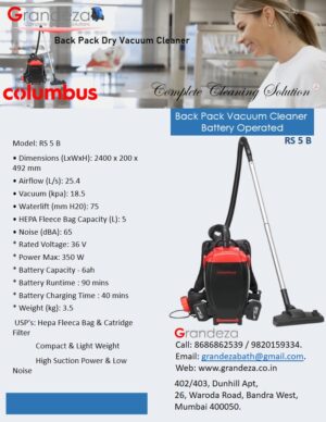 COLUMBUS Back Pack vacuum Cleaner Battery Operated RS 5 B