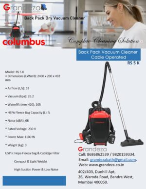 COLUMBUS Back Pack Dry Vacuum Cleaner Cable Operated RS 5 K